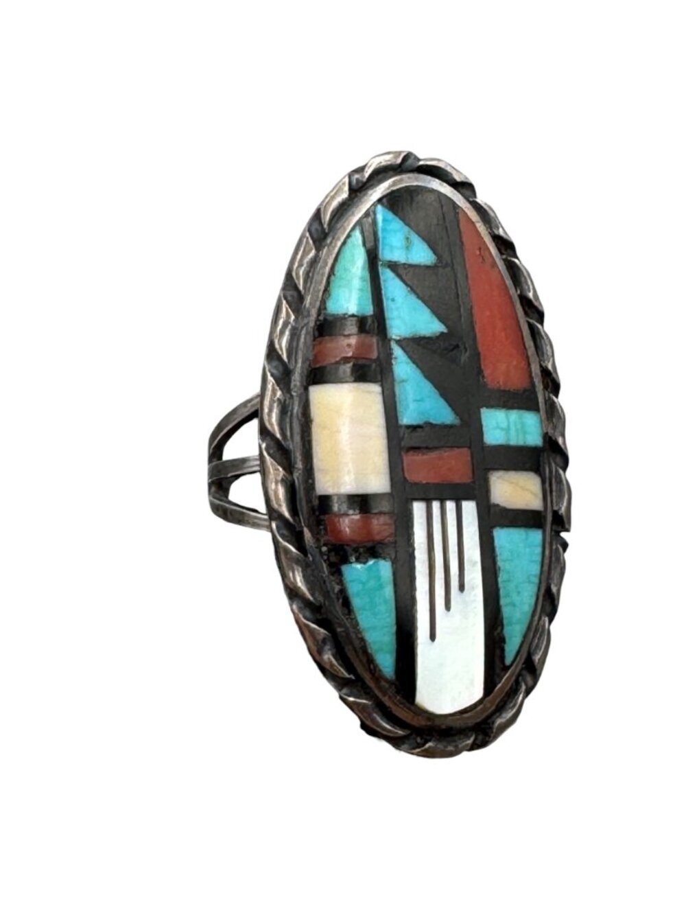 Vintage Zuni Sterling Silver Inlay Statement Ring Signed J.R.B. Sz 6.75 Bowannie - Picture 3 of 14